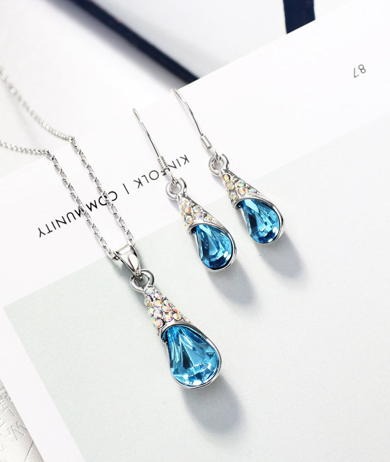 [Australia] - NEOGLORY Platinum-Plated Teardrop Jewelry Set with Crystal Embellished with Crystals from Swarovski Blue 