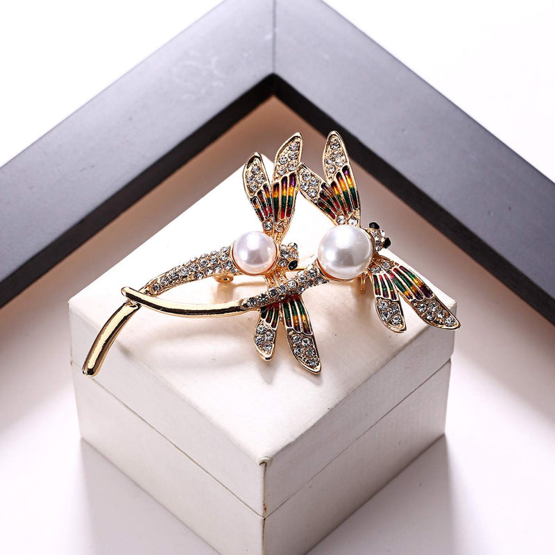 [Australia] - AILUOR Elegant Dragonfly Brooch Pins, Gold Tone Austrian Crystal Colorful Enamel Double Dragonfly Simulated Pearl Rhinestone Brooch Jewelry 