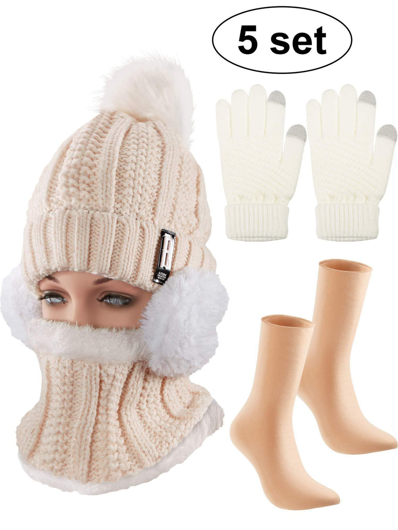 [Australia] - 5 Pieces Women Winter Ski Outing Set, Knit Hat Scarf Gloves Earmuffs Stockings Beige, Khaki 