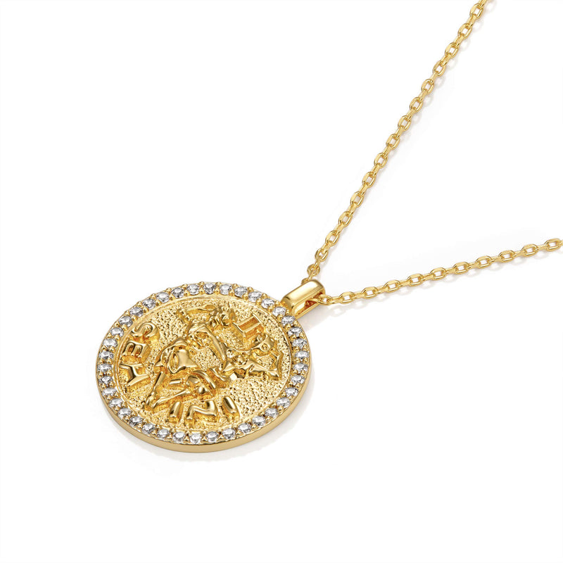 [Australia] - ACC PLANET Constellation Necklace Pendant 14K Gold-Plated Hammered Round Disc Engraved Zodiac Sign Pendant 16.9’’ Adjustable Dainty Necklace Gemini 