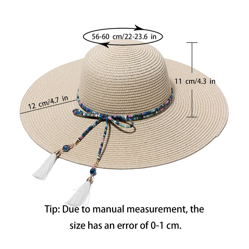 [Australia] - Women Bowknot Straw Hat Large Floppy Wide-Brim Foldable Hat Beach Hat Sun Hat Summer for Outdoor Sun Protection UPF 50+ Beige 