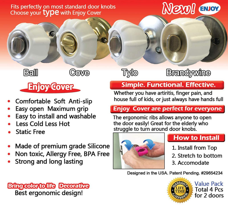 [Australia] - New Enjoy Cover - Door Knob Cover Grips Non Slip Arthritis & Senior Living Aids Grippy Easy Open Decorative. Simple Functional Effective Solution- 4 Pack (White, Cove) 