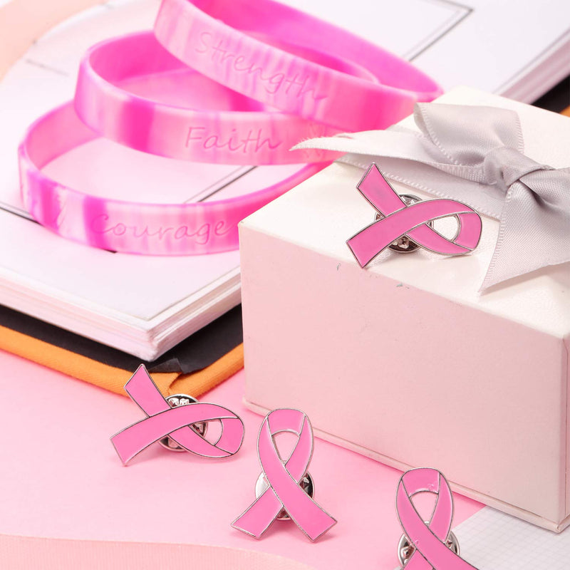 [Australia] - Yaomiao Breast Cancer Awareness Lapel Pins and Pink Ribbon Bracelets Faith Strength Courage Wristbands for Charity Public and Social Event 60 