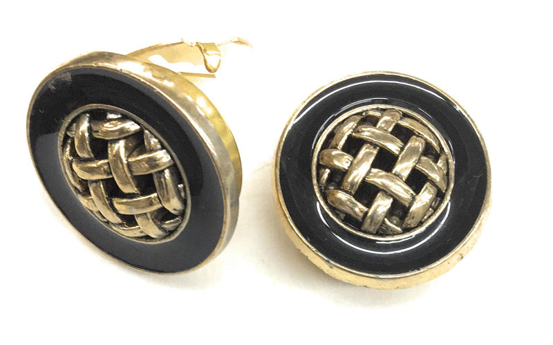 [Australia] - Button Covers Cufflink Plated Gold Black Epoxy center Gold Weave •Button Clips -1 Pair - Alternative to Cufflinks For Regular Shirts 