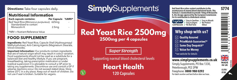 [Australia] - Red Yeast Rice 2500mg Super Strength | Supports Healthy Cholesterol Levels | Vegan & Vegetarian Friendly | 240 Capsules in Total = 60 Day Supply | Manufactured in The UK 