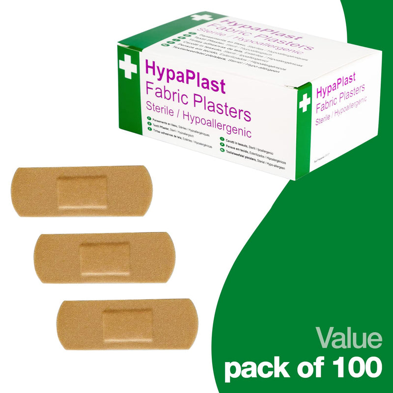 [Australia] - Safety First Aid Group HypaPlast Fabric Plasters, 7.2 x 2.5 cm (Pack of 100) Sterile Hypoallergenic 7.2 x 2.5cm (Pack of 100) 