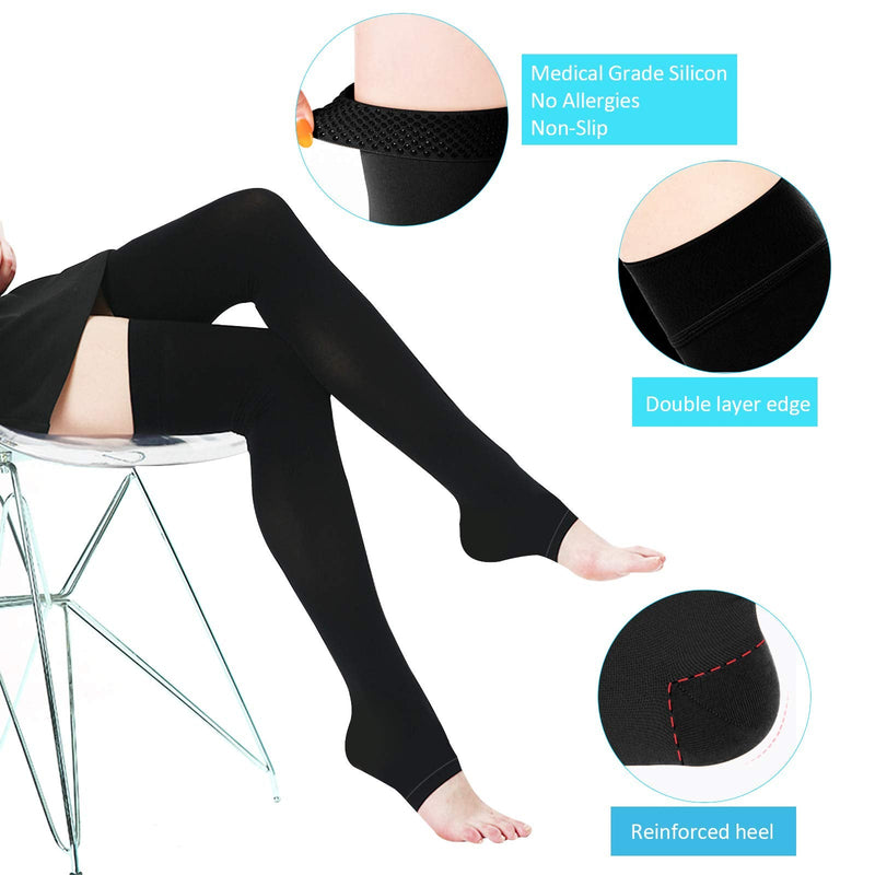 [Australia] - Compression Stockings Thigh High for Women Men 20-30 mmhg Graduated Compression Socks Open Toe Compression Support Hose with Non-Slide Silicone Dot Band for Swelling and Varicose Veins (Black,L) Black Large (1 Pair) 
