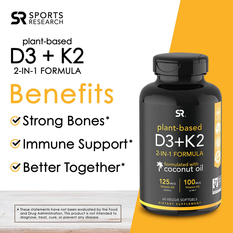 [Australia] - Sports Research Vegan Vitamin D3 + K2 Supplement with Organic Coconut Oil - 5000iu Vitamin D with 100mcg Mk7 Vitamin K - Supports Calcium for Stronger Bones & Immune Health - 60 Softgels for Adults D3 + K2 (5,000 IU) 60 Count (Pack of 1) 