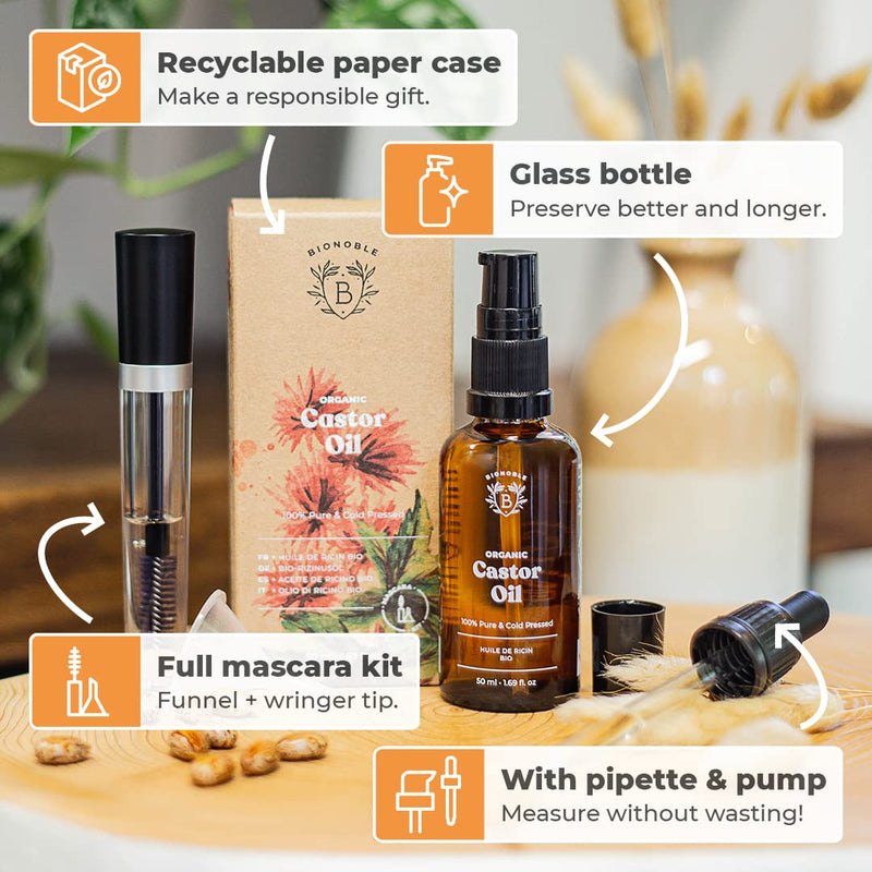 [Australia] - ORGANIC CASTOR OIL | 100% Pure, Natural & Cold Pressed | Lashes, Eyebrows, Body, Hair, Beard, Nails | Vegan & Cruelty Free| Glass Bottle + Pipette + Pump + Mascara Kit (50ml) 50ml (+Mascara) With Mascara 