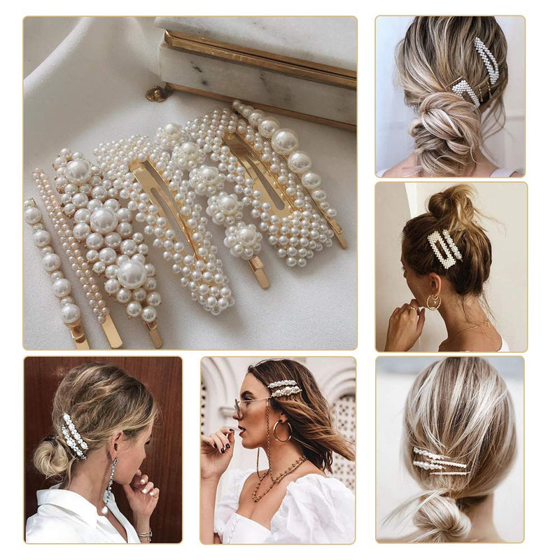 [Australia] - Pearl Hair Clips for Girls Women Ladies, 12Pack Pearl Hair Bobby Pins/Barrettes/Snap Clip/Hair Slides for Wedding Party Holiday, Elegant Handmade Hair Accessories,White/Gold 