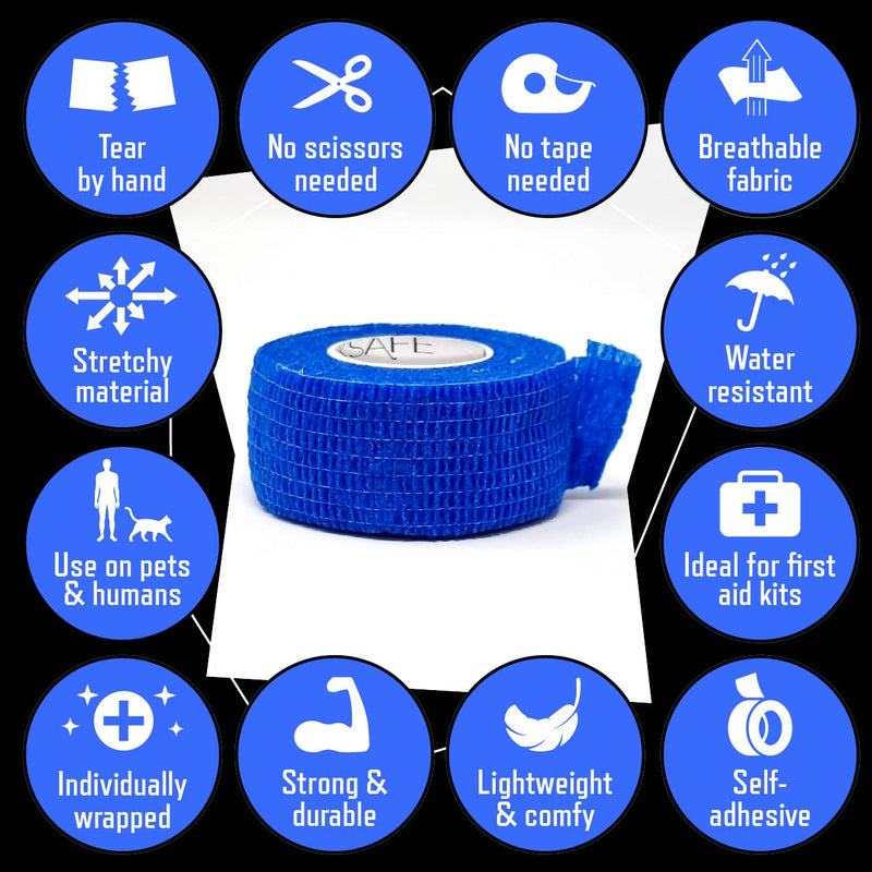 [Australia] - Inksafe Blue Self Adherent Cohesive Bandages 2.5cm x 4.5m Box of 12 - Uses Include Vet Wrap, Tape for Wrist and Ankle Sprains, Finger and Thumb Tape, 