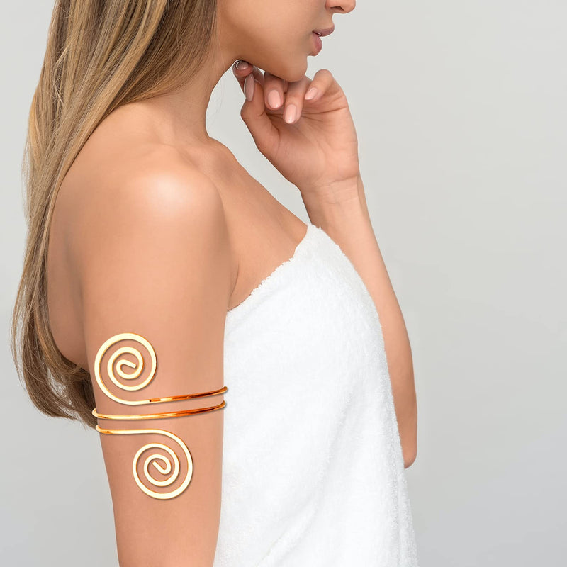 [Australia] - RechicGu 4 Pieces Leaf Swirl Armlet Arm Cuff Bangle Bracelet Metal Open Upper Arm Band Belly Dance Wedding Feather Chain Armband Adjustable Gold 