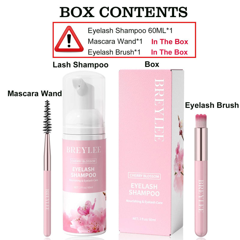 [Australia] - Eyelash Extension Shampoo & Brush + Mascara Wand,Eyelash Shampoo Foaming Cleanser for Professional Salon and Home Care,Wash for Extensions and Natural Lashes, Nourishing Formula（60ml/2fl.oz） Cherry blossom 