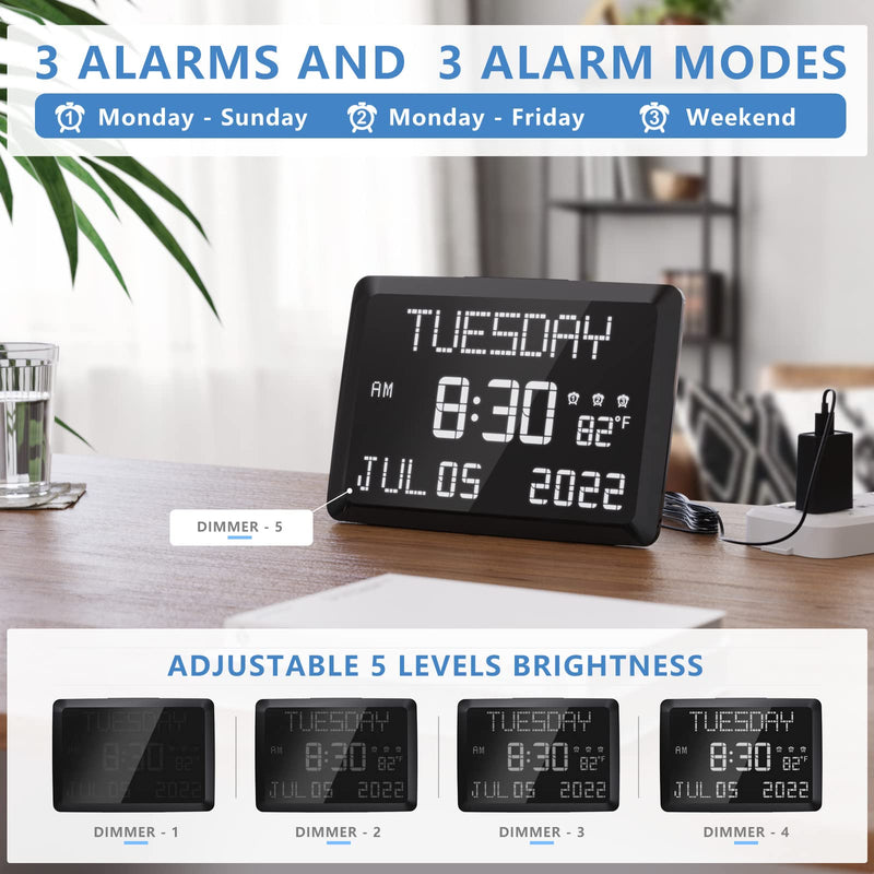 [Australia] - Digital Clock, Raynic 11.5" Large LED Word Display Dimmable Digital Wall Clock,Adjustable Brightness Digital Alarm Clock with Day and Date,Indoor Temperature,Snooze,12/24H,DSTfor Home, Office,Elderly 