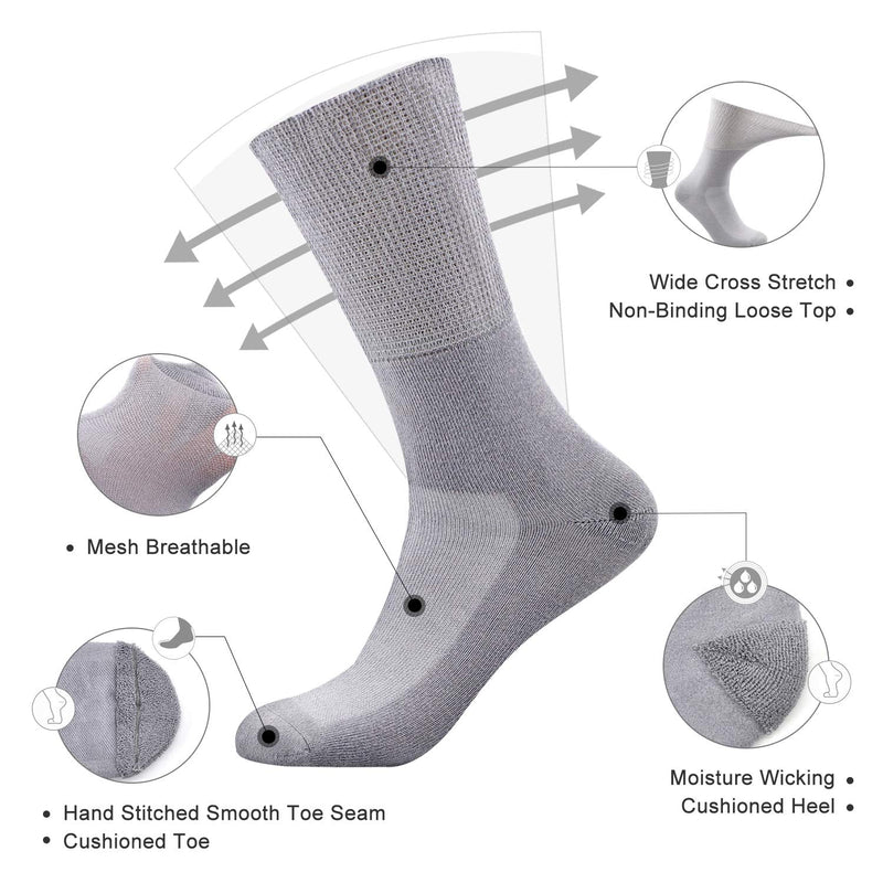 [Australia] - Busy Socks Non-Binding Top Diabetic Socks for Men Women, Thin Soft Crew Mid Calf Socks with Seamless Toe Large 4 Pairs Black/White/Gray/Beige 