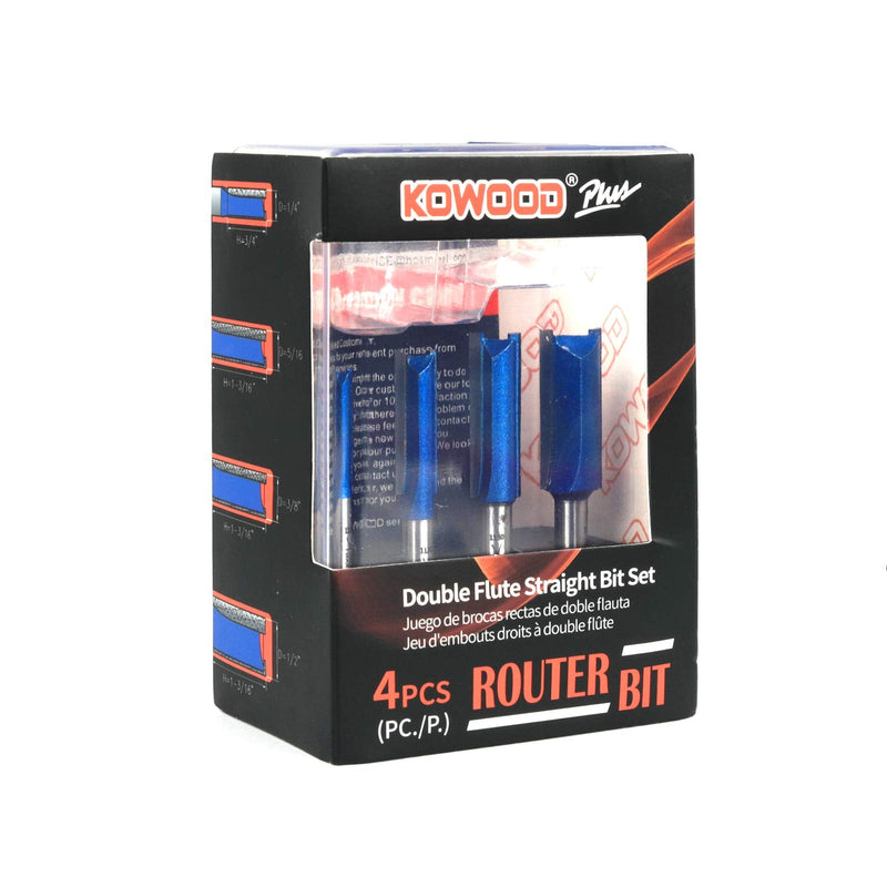 [Australia] - KOWOOD Plus Double Flute Straight Router Bit Set, 1/4 Inch Shank. Cutting Diameter in 1/4”, 5/16”, 3/8”, 1/2”. with Updated Kowood C3 Carbide. Great for Create Groove, dado or Hollow 