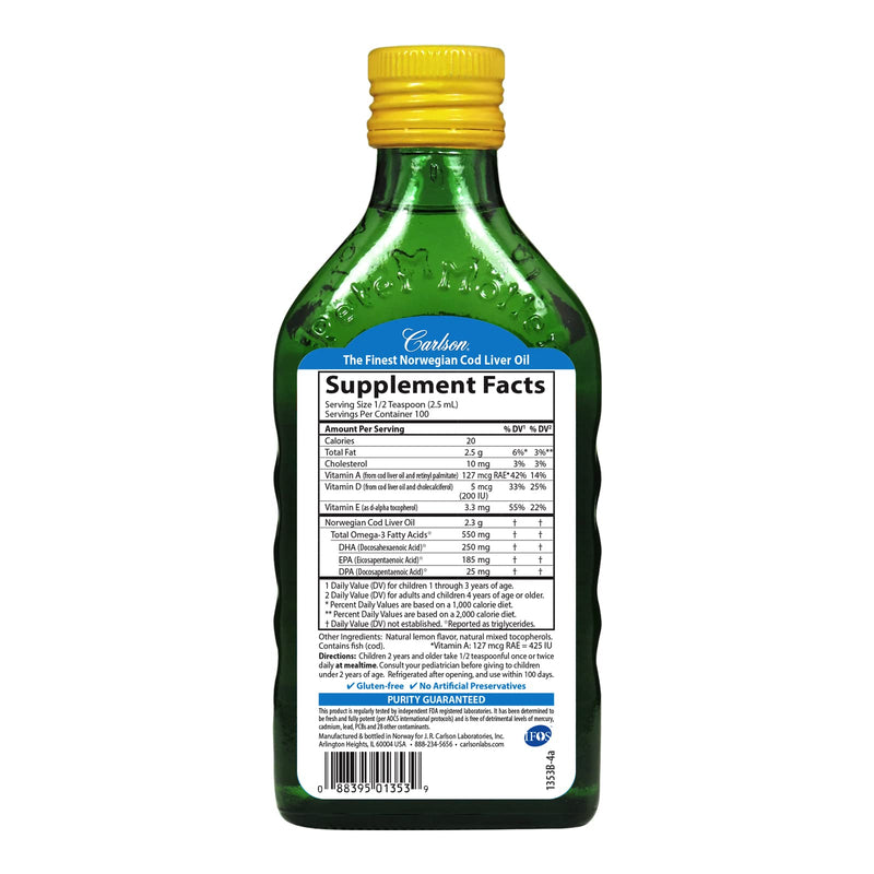 [Australia] - Carlson - Kid's Cod Liver Oil, 550 mg Omega-3s, Vitamins A & D3, Wild Norwegian, Lemon, 250 mL 