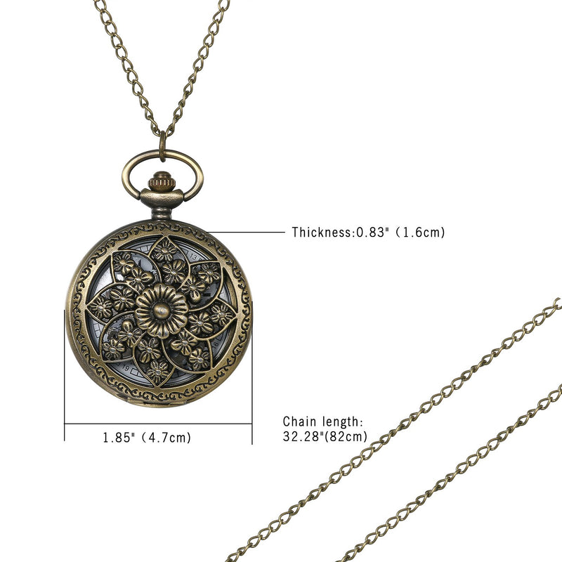 [Australia] - JewelryWe Retro Bronze Flower Openwork Cover Quartz Pocket Watch with 32.3 Inch Chain 