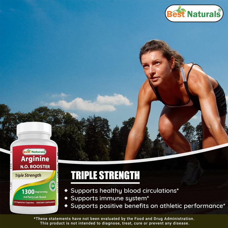 [Australia] - Best Naturals L-Arginine NO Booster Triple Strength 1300 mg Serving 120 Veg Capsules (120 Count (Pack of 1)) 120 Count (Pack of 1) 