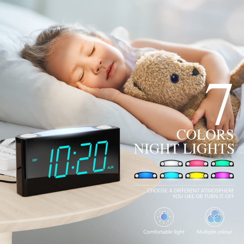 [Australia] - Rocam Digital Alarm Clock for Bedrooms - Large 7" LED Display with Dimmer, Snooze, 7 Night Light, Easy to Set, USB Chargers, Battery Backup, 12/24 Hour for Kids,Boys,Teens,Heavy Sleepers(Blue) Blue 