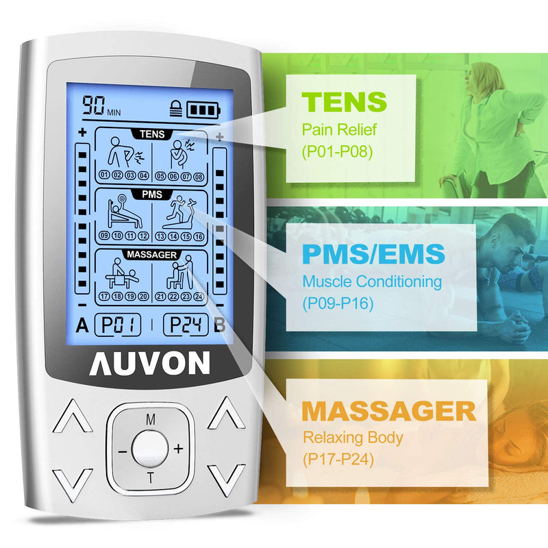 [Australia] - AUVON Dual Channel TENS EMS Machine for Pain Relief, 24 Modes TENS Unit Muscle Stimulator with 12pcs 2"x2" TENS Electrode Pads 