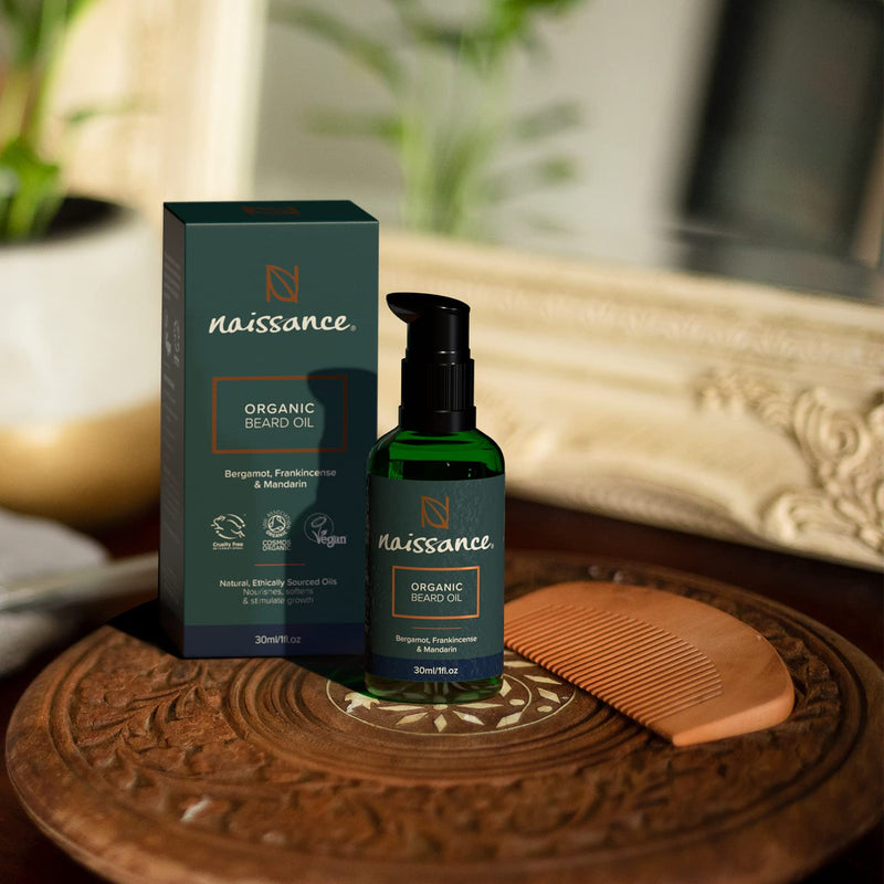 [Australia] - Naissance Organic Beard Oil & Wooden Comb Set For Men 30ml - Conditioning Grooming Kit Hair Growth Repair Dry Skin Natural Thickener Serum with Castor Argan & Jojoba Oil - Scented Travel Friendly 