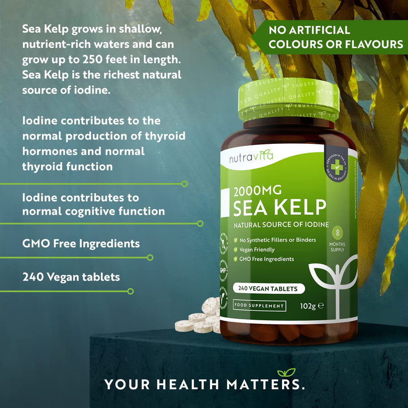 [Australia] - Sea Kelp 2000mg - Natural Source of Iodine - 240 Vegan Tablets (8 Month Supply) - GMO Free Supplement - Made in The UK by Nutravita 