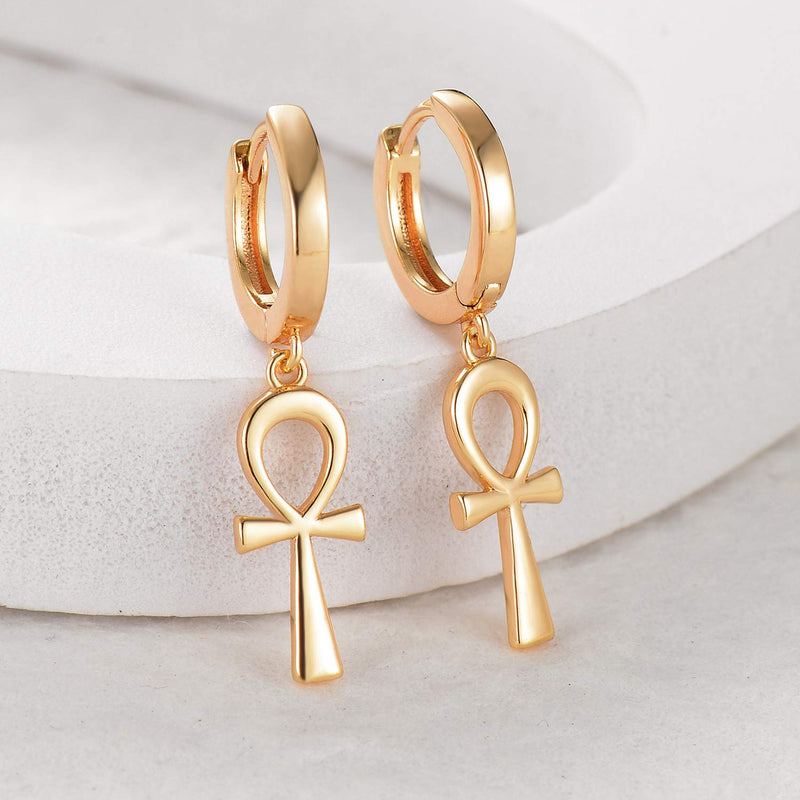 [Australia] - Fettero Gold Huggie Hoop Earrings Star Cross Lock Lightning Spike Evil Eye Fan Bead Dangle Drop Snake Sleeper 14K Gold Plated Dainty Minimalist Simple Boho Hypoallergenic Jewelry Gift for Women Men Ankh Cross 