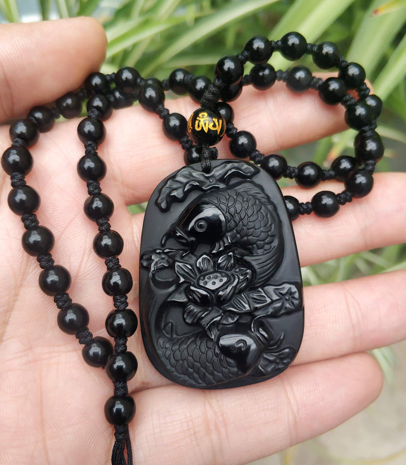 [Australia] - Handmade natural obsidian auspicious wealthy mother elephant jade pendant necklace fish 