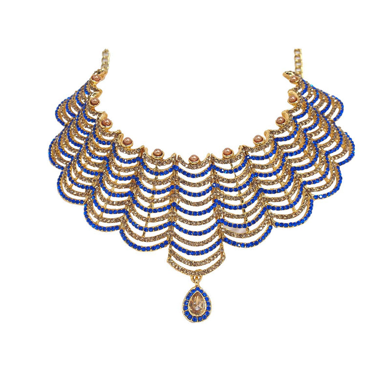 [Australia] - CROWN JEWEL Bollywood Ethnic Gold Plated Indian Choker Bridal Jewelry Necklace Earring Set for Women Blue 