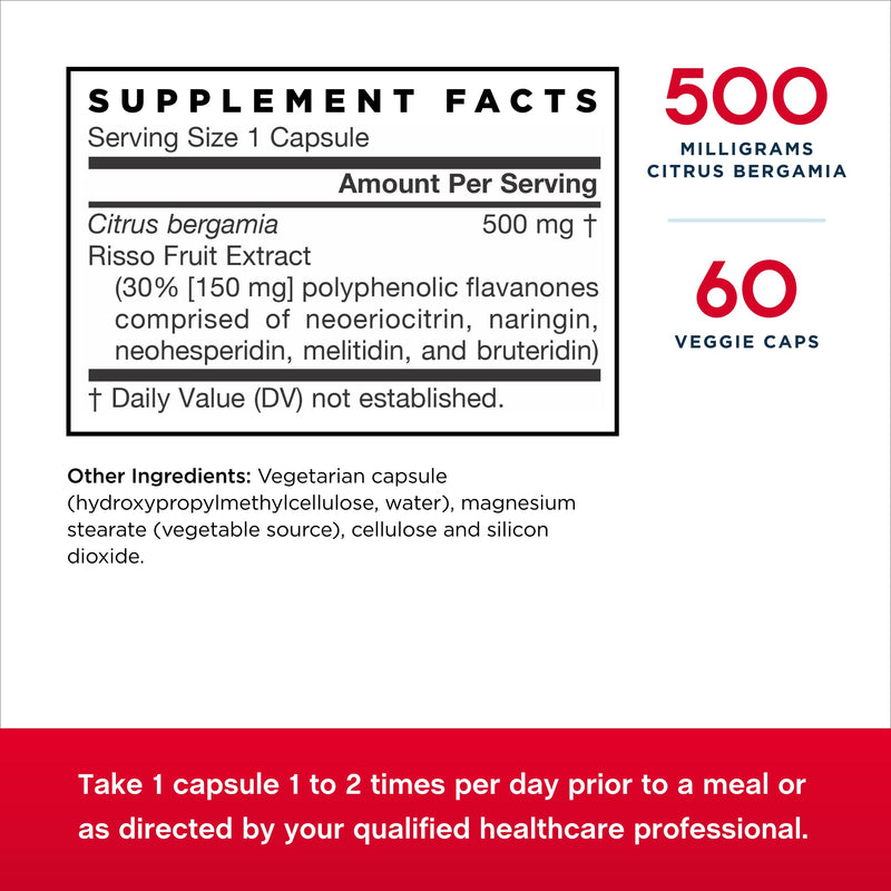 [Australia] - Jarrow Formulas Citrus Bergamot 500 mg - 60 Veggie Caps - Cardiovascular & Metabolic Health, Blood Sugar Support - Use with Jarrow Formulas QH-Absorb - 60 Servings 60 Count (Pack of 1) 