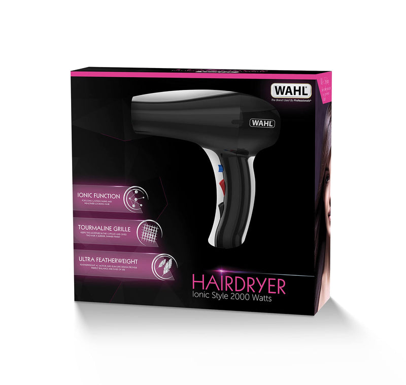 [Australia] - Wahl Ionic Style Hairdryer, Professional Quality Dryer, Hair Dryers for Women, Cool Shot Button, 3 Heat and 2 Speed Settings, Quick Dry Airflow, Fast Drying, Black 