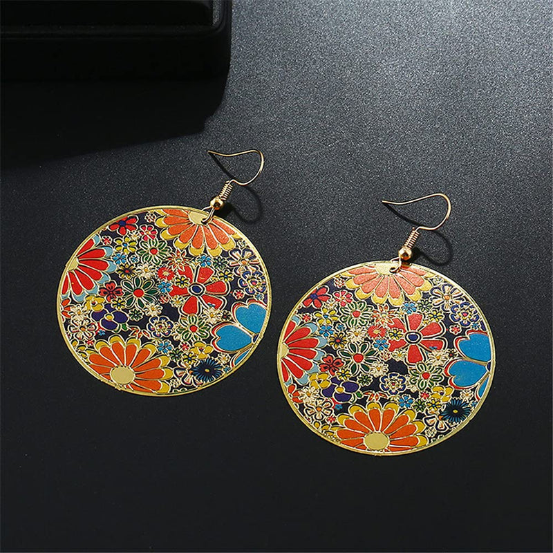 [Australia] - Gold Round Flower Disc Drop Dangle Earrings for Women Girls with Charms Boho Circle Ball Disk Blossom Spring Big Statement Dangling Hook Stud Earring Exaggerated Y2K Jewelry 