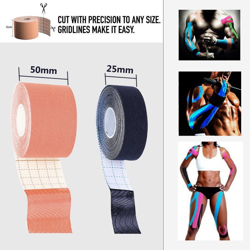 [Australia] - Kinesiology Theraeputic Tape Physio for Athletic Sports Recovery Pain Relieve Strong Adhesion Waterproof Original Cotton Uncut 2 Inch x 16.4 Feet 1 Beige/2 black 