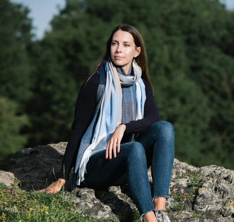 [Australia] - Check Shawl Cosy Poncho Cape Wrap Soft Scarf Pashmina Blue Grey White check Gift Packaged, CR1933-1 