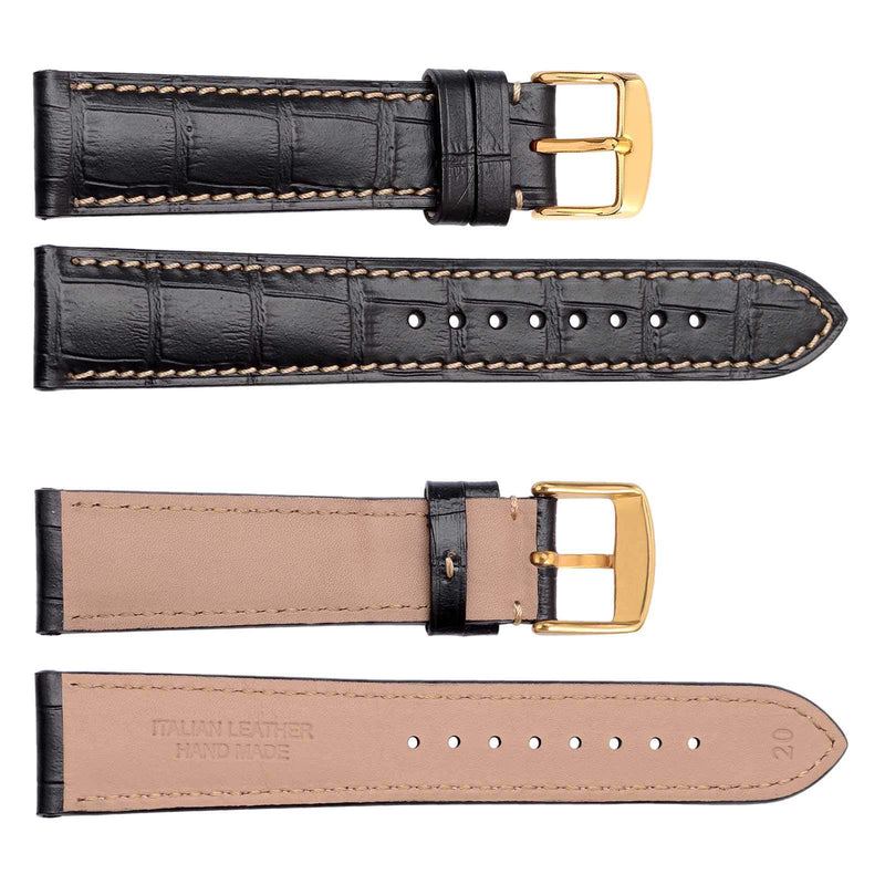 [Australia] - WOCCI 18mm 19mm 20mm 21mm 22mm Alligator Embossed Leather Watch Band, Replacement Strap for Men or Women Band Width: 18mm Black / Contrasting Seam with Gold Buckle 