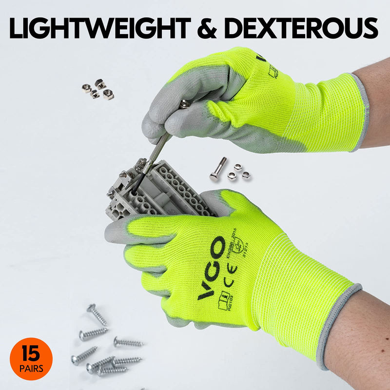 [Australia] - Vgo 15Pairs Safety Work Gloves,Gardening Gloves,Polyurethane Coated,Dipping Gloves,Latex Free(Size S,Fluorescent Yellow,PU2103) S (Pack of 15) Yellow-PU2103 