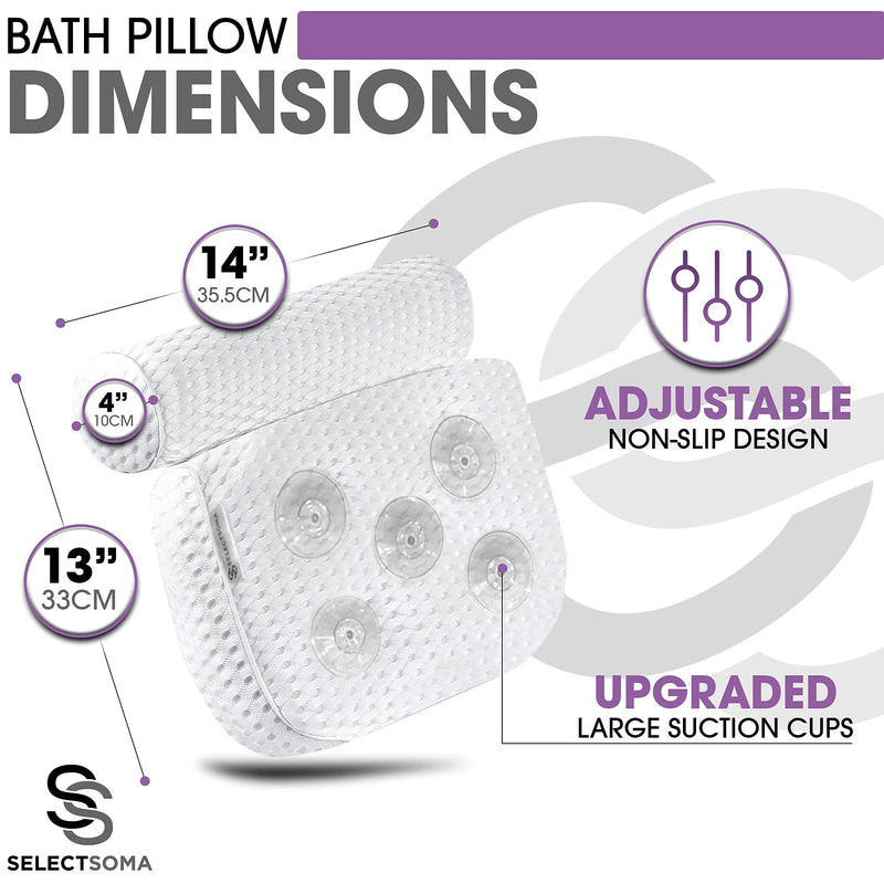 [Australia] - Luxury Bath Pillow - Bathtub Pillow – Bath Pillows for Tub Neck and Back Support with 5 Large, Stable Suction Cups – Soft 4D Air Mesh Machine-Washable Tub Pillow – Bathtub Accessories by SelectSoma 