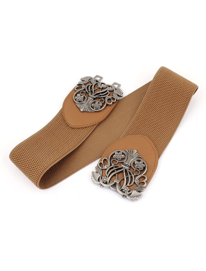 [Australia] - sourcingmap Knot Woven Metal Interlocking Buckle Elastic Waist Cinch Belt Band Foral Buckle Brown-silver Tone 