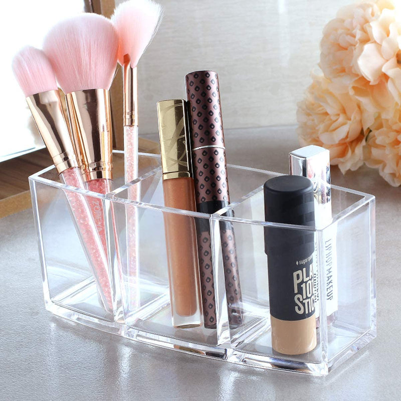 [Australia] - Makeup Brush Holder Organizer, 3 Slot Acrylic Makeup Brush Organiser, Eyeliners Display Holder for Comestic Organizing (2 Packs Clear) 2 Packs Clear 