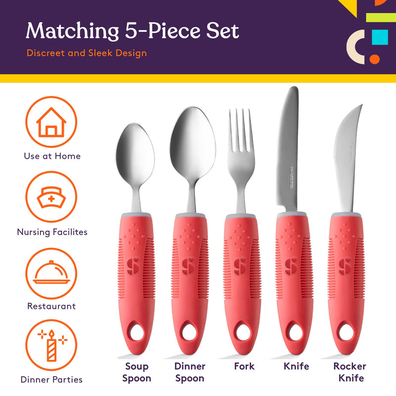 [Australia] - Special Supplies Adaptive Utensils (5-Piece Kitchen Set) Wide, Non-Weighted, Non-Slip Handles for Hand Tremors, Arthritis, Parkinson’s or Elderly Use - Stainless Steel Knives, Fork, Spoons - Red 