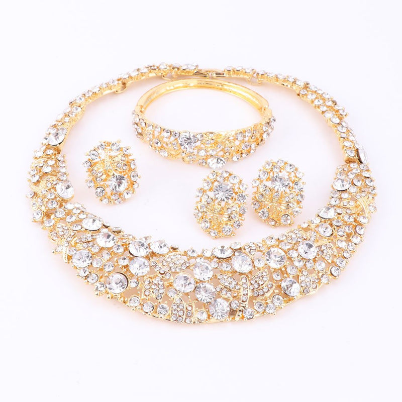 [Australia] - WANG African Beads Gold Plated Shinning Flower Crystal Necklace Earrings Bangle Ring Jewelry Set 