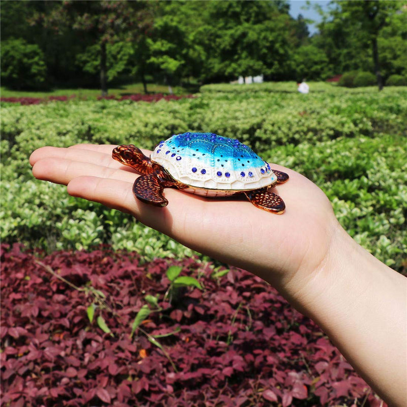 [Australia] - Waltz&F Sea Turtle Crystal Studded Pewter Jewelry Trinket Box Bejeweled Hand-painted Ring Holder Mother's day Gift blue 