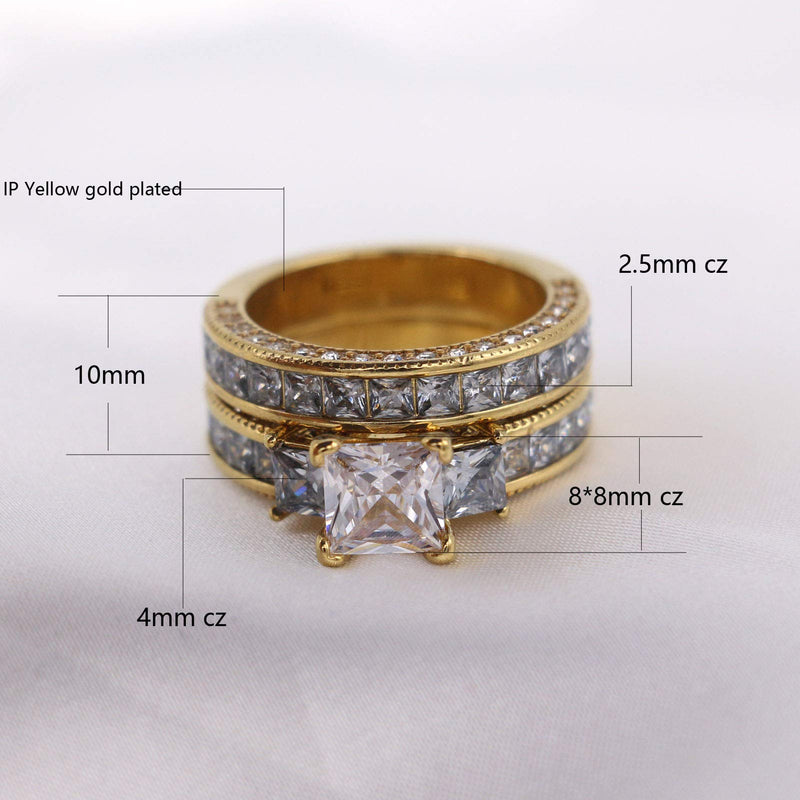 [Australia] - Ringcrown Couple Rings Yellow Gold Plated Princess 88 Cz Womens Wedding Ring Sets Titanium Steel Men Wedding Bands（Please Buy 2 Rings for 1 Pair） women(1pc) 6 