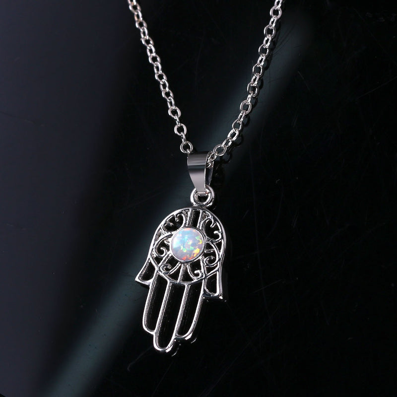 [Australia] - KELITCH Hamsa Hand Necklace with Created Opal Pendant Amulet Fatima Jewelry, 18'' White Hamsa 