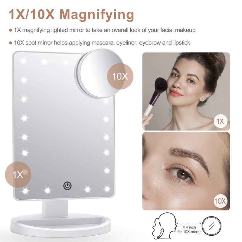 [Australia] - COSMIRROR Lighted Makeup Vanity Mirror with 10X Magnifying Mirror, 21 LED Lighted Mirror with Touch Sensor Dimming, 180°Adjustable Rotation, Dual Power Supply, Portable Cosmetic Mirror (White) White 