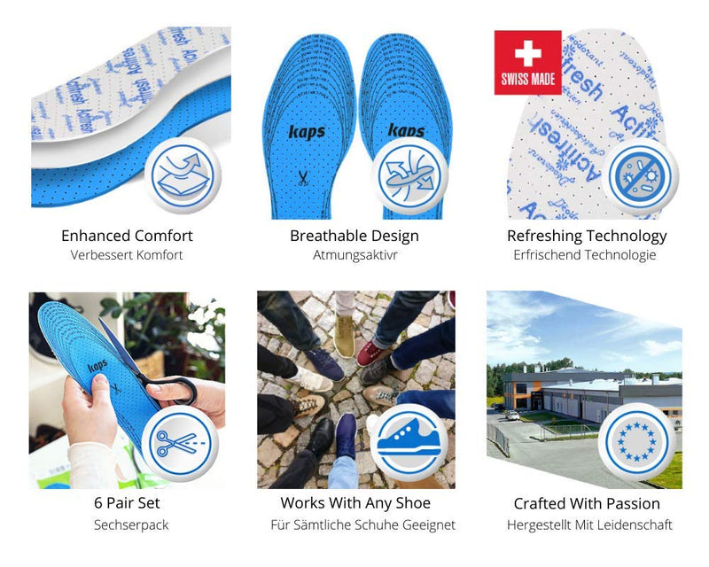 [Australia] - 6 Pair Pack Set Actifresh Hygienic Shoe Insoles with Swiss Antibacterial Technology by Sanitized | Made in Europe | Cut to fit | Kaps 