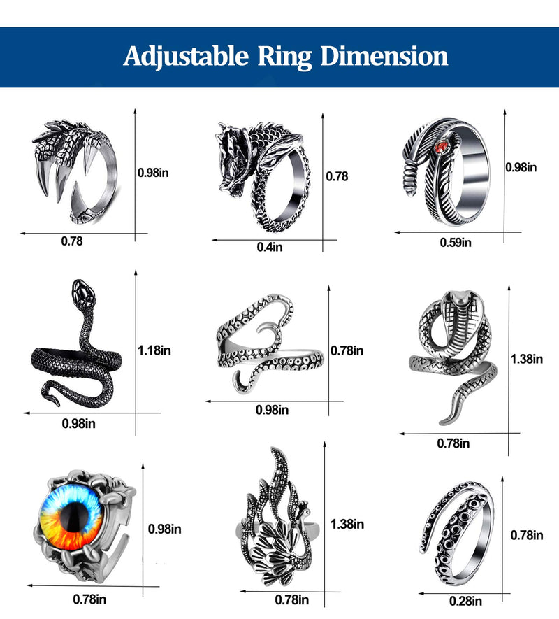 [Australia] - Sunssy 9 Pieces Vintage Punk Rings for Men Gothic Dragon Claw Octopus Cobra Snake Rings Open Adjustable Ring Set Jewelry Style A 
