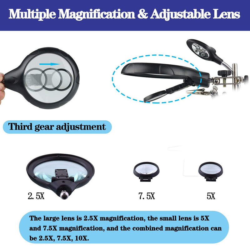 [Australia] - Beileshi 2.5X 7.5X 10X LED Light Helping Hands Magnifier Soldering Station,Magnifying Glass Stand with Auxiliary Clamp and Alligator Clips 2.5x+7.5x+10x 