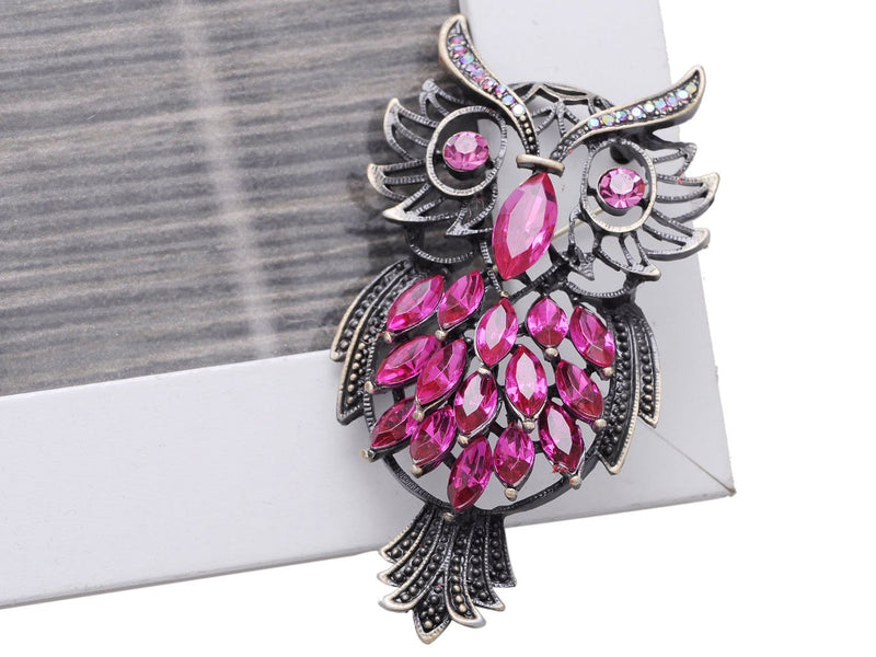 [Australia] - Alilang Vintage Inspired Pink Crystal Rhinestone Marquise Feather Owl Pin Brooch 